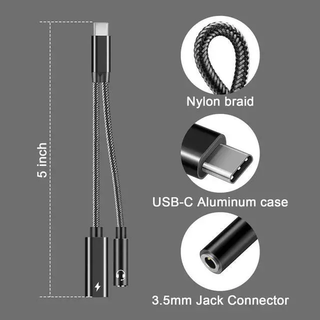 Alt view image 6 of 7 - USB C to 3.5mm Headphone Audio Adapter, 2-in-1 Type C AUX Dongle with 60W PD Fast Charging for Samsung Galaxy Pixel Series Phones