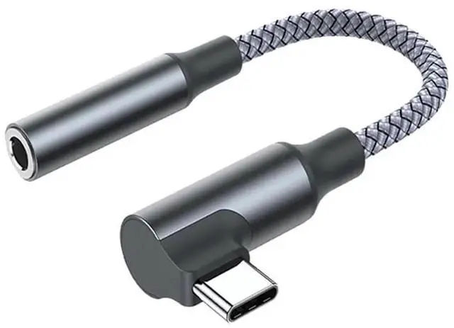 Main image of 90 Degree Braided USB C to 3.5mm Headphone Jack Adapter, Right Angle Type C AUX Audio Dongle for iPhone 15/16 Pro Samsung S23 Ultra Note20 iPad Pro