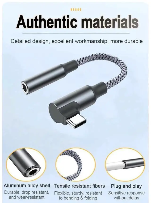 Alt view image 2 of 7 - 90 Degree Braided USB C to 3.5mm Headphone Jack Adapter, Right Angle Type C AUX Audio Dongle for iPhone 15/16 Pro Samsung S23 Ultra Note20 iPad Pro