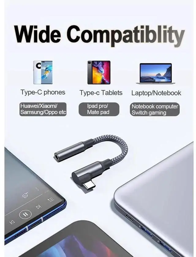 Alt view image 5 of 7 - 90 Degree Braided USB C to 3.5mm Headphone Jack Adapter, Right Angle Type C AUX Audio Dongle for iPhone 15/16 Pro Samsung S23 Ultra Note20 iPad Pro