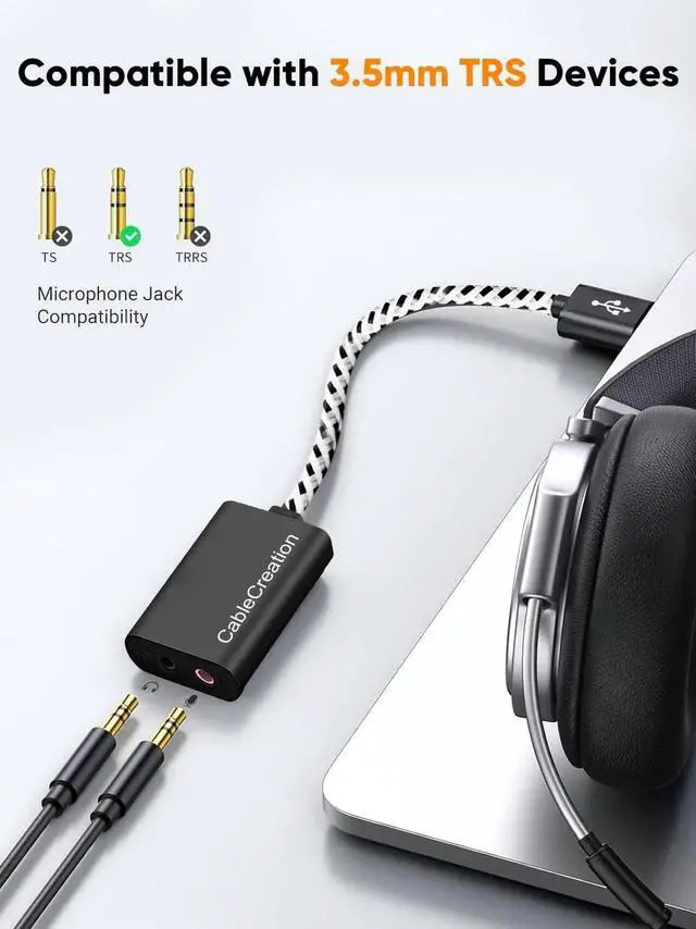 Alt view image 4 of 7 - USB External Sound Card Audio Adapter, Aluminum Black USB to 3.5mm Headphone & Mic Jack, Plug and Play for Windows, Mac, Linux, PS4, PS5