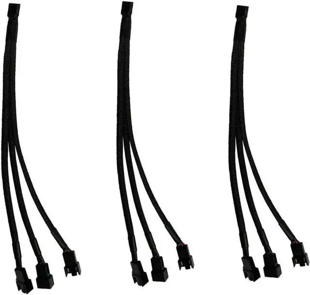 Main image of 3 Pack 4 Pin PWM Fan Splitter Cable 1 to 3, Black Braided Sleeved CPU Fan Y Splitter Adapter, PC Case Fan Extension Power Cord