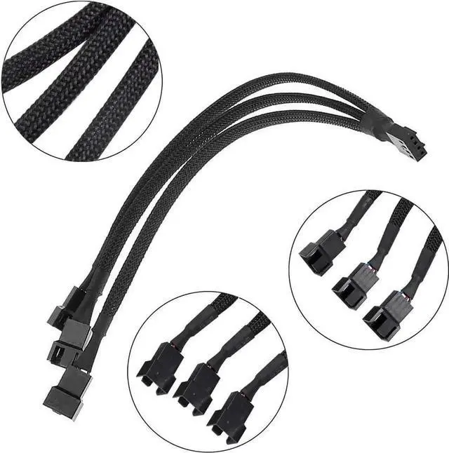 Alt view image 4 of 4 - 3 Pack 4 Pin PWM Fan Splitter Cable 1 to 3, Black Braided Sleeved CPU Fan Y Splitter Adapter, PC Case Fan Extension Power Cord