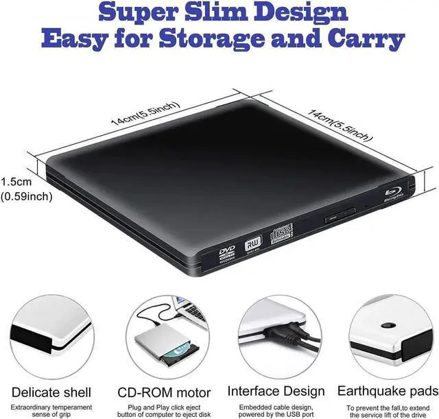 Alt view image 7 of 7 - Black Ultra-Thin External 3D Blu Ray Drive USB3.0 Type-C BD CD DVD Reader Writer Burner Compatible with MacBook Pro Air Mac All Brands Laptop Desktop PC