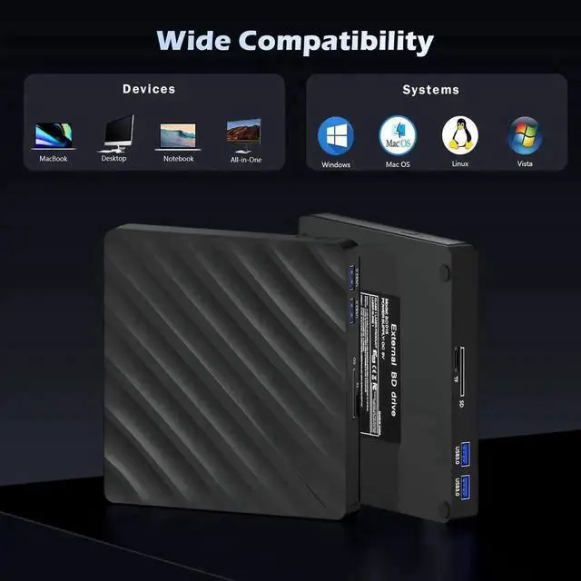 Alt view image 7 of 7 - 5 in 1 Slim External Blu Ray Burner USB3.0 Type-C Optical Drive with SD TF Card Reader & 2 USB Hubs Compatible with Windows XP/7/8/10 Mac OS MacBook Laptop Desktop PC