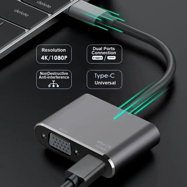 Alt view image 6 of 7 - Thunderbolt 3 USB C to HDMI VGA Dual Display Adapter, Type-C 2-in-1 Video Converter Compatible with MacBook Pro, iPad Pro/Air, Dell XPS 13/15, Surface Pro, Galaxy S8/S9, Huawei P20
