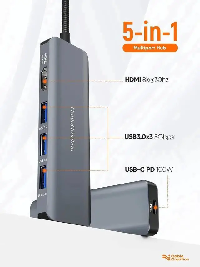 Alt view image 3 of 7 - 5-in-1 USB C Multiport Hub with 8K HDMI 2.1, 100W PD Charging & 3 USB3.0 Ports, 8K@30Hz / 4K@120Hz Video Output, Space Grey Type-C Dock Compatible with MacBook Pro, Steam Deck, Surface Pro, Dell XPS