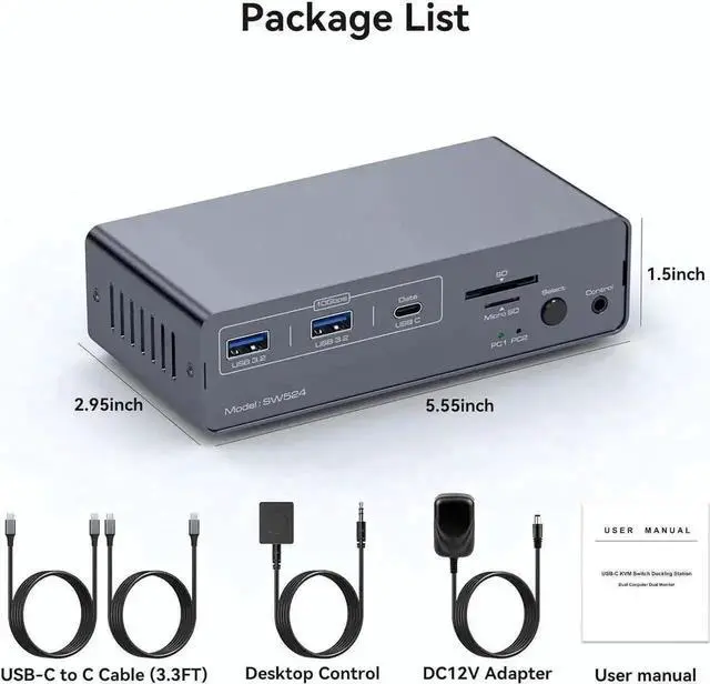 Alt view image 4 of 7 - USB-C KVM Docking Station for 2 Computers & 2 Monitors, Dual HDMI 4K@60Hz KVM Switch with Built-in EDID Emulator, Share 1G Ethernet, 5×USB A/C Ports, SD & MicroSD Card Reader, Compatible with Dual Mac