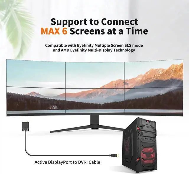 Alt view image 6 of 7 - 6FT Active DisplayPort to DVI-I Cable, Eyefinity Supported Multi-Screen DP to DVI Converter Cord, Black