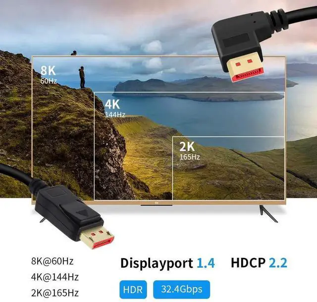Alt view image 3 of 7 - 6FT/1.8M Right Angle DP 1.4 Male to Male Cable, 90 Degree Angled DisplayPort 1.4 Cord Support 8K@60Hz, 4K@144Hz & 1080P@240Hz for Gaming Monitor, GPU