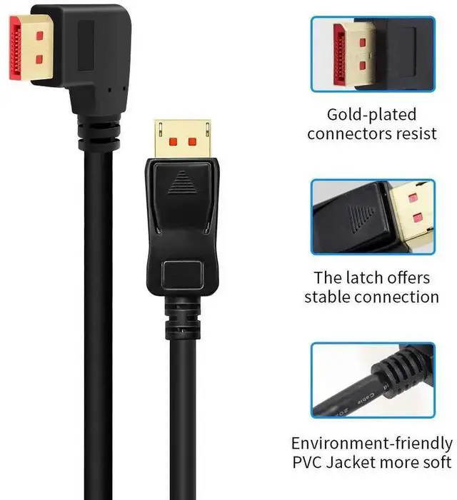 Alt view image 4 of 7 - 6FT/1.8M Right Angle DP 1.4 Male to Male Cable, 90 Degree Angled DisplayPort 1.4 Cord Support 8K@60Hz, 4K@144Hz & 1080P@240Hz for Gaming Monitor, GPU