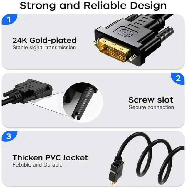 Alt view image 6 of 7 - 6FT Bi-Directional HDMI Male to DVI-D Male Cable, 1080P High Speed Gold-Plated HDMI-DVI Cord for Raspberry Pi, Roku, Xbox One, PS3/4/5 & Graphics Card