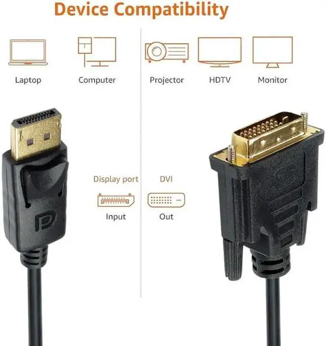 Alt view image 6 of 6 - 6FT Gold-Plated DisplayPort Male to DVI Male Cable, 1080P@60Hz DP to DVI-D/I Video Cord Compatible with PC, Laptop, GPU, Monitor, Projector & HDTV