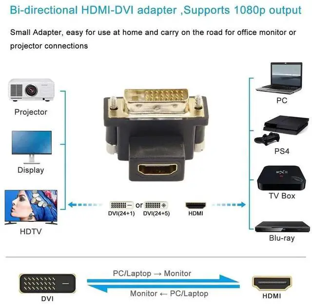 Alt view image 4 of 7 - 90 Degree Down Angled DVI Male to HDMI Female Bi-Directional Adapter, 4K/1080P Gold-Plated DVI HDMI Video Converter for PC, Graphics Card & HDTV