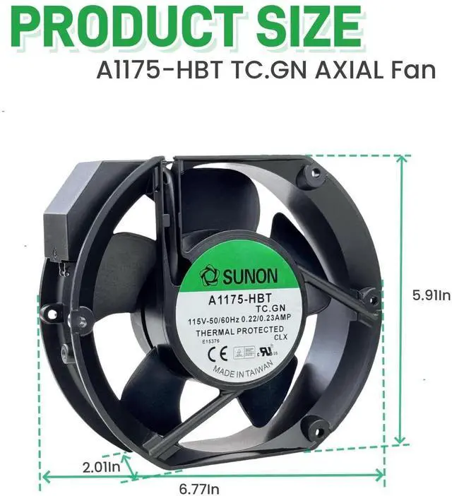 Alt view image 7 of 7 - SUNON A1175-HBT TC.GN 172×150×51mm AC Axial Cooling Fan 115VAC 0.22/0.23A 50/60Hz 2-Pin Industrial Cabinet Fan