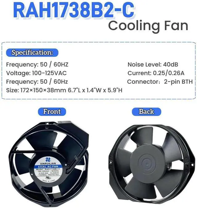 Alt view image 6 of 7 - XINRUILIAN RAH1738B2-C AC Axial Cooling Fan 100-125VAC 0.25/0.26A 50/60Hz 172×150×38mm Industrial Cabinet Fan with 2-Pin BTH Connector