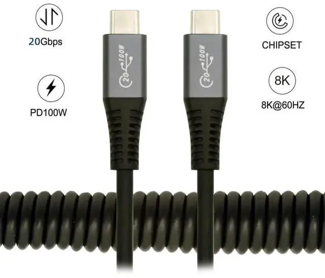Alt view image 6 of 7 - 1.5M Coiled USB4 USB C to USB C Cable, 20Gbps Data Transfer, 100W PD Fast Charging, 8K/5K/4K Video Output Retractable Type-C Extension Cord