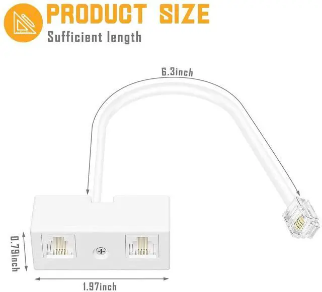 Alt view image 3 of 6 - 2 Pack White RJ11 6P4C 2-Way Telephone Splitter, 1 Male to Dual Female Landline Phone Jack Separator Wall Adapter for Phones & Fax Machines