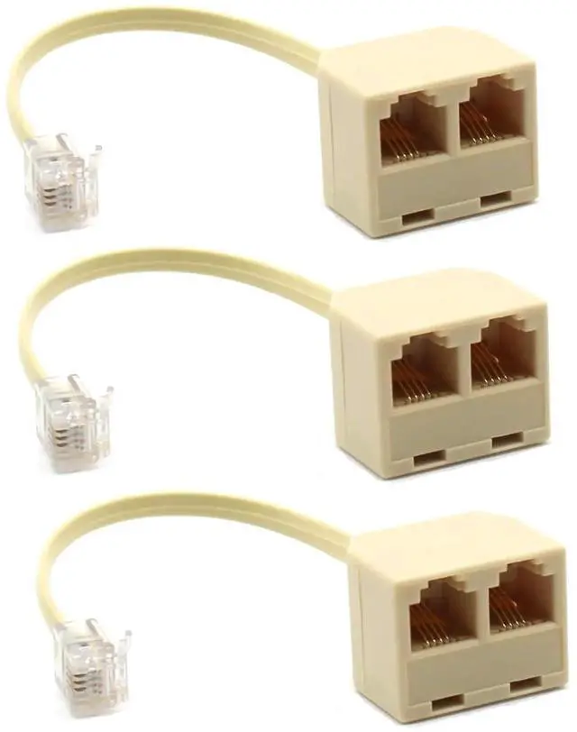 Main image of 3 Pack Beige RJ11 6P4C 2-Way Telephone Splitter, 1 Male to Dual Female Landline Phone Separator Wall Adapter