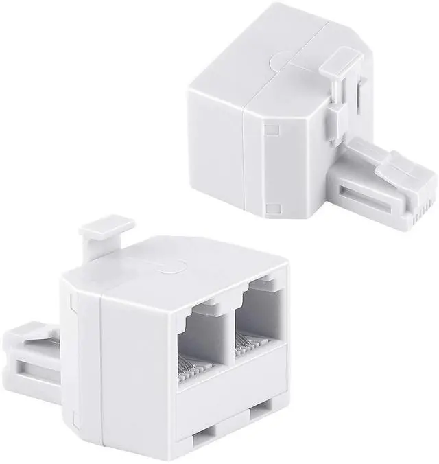 Main image of 2 Pack White RJ11 Duplex Wall Jack Splitter, 1 Male to Dual Female 2-Way Landline Phone Modular Adapter for Phones, Fax & Cordless Phones