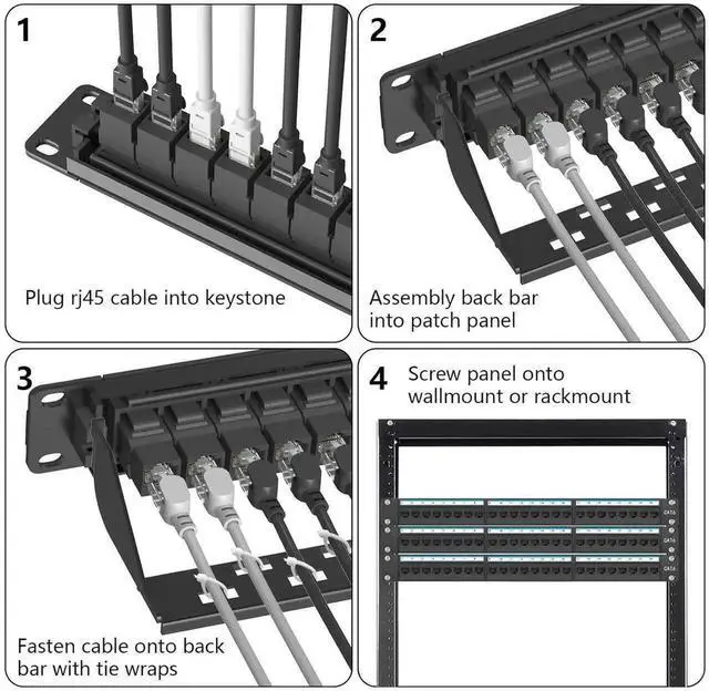 Alt view image 6 of 6 - 1U 19 Inch Cat6 24-Port Patch Panel, Rack/Wall Mount, Pre-Installed 24 Keystone Jacks + 1 Spare Port, Support 10Gbps Ethernet with Cable Management Bar