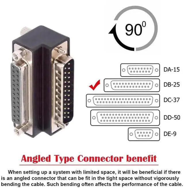 Alt view image 6 of 7 - 90 Degree Up Angled DB25 Male to Female D-SUB Extension Coupler, LPT Parallel AES/EBU 25Pin Right Angle Adapter with Nut & Screw Lock