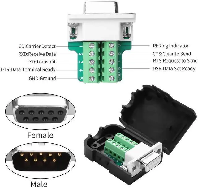 Alt view image 5 of 7 - 1 Pair DB9 Male & Female RS232 Breakout Board Solderless Terminal Module with Protective Housing & Long Mounting Bolts, 9Pin D-SUB Serial Signal Adapter