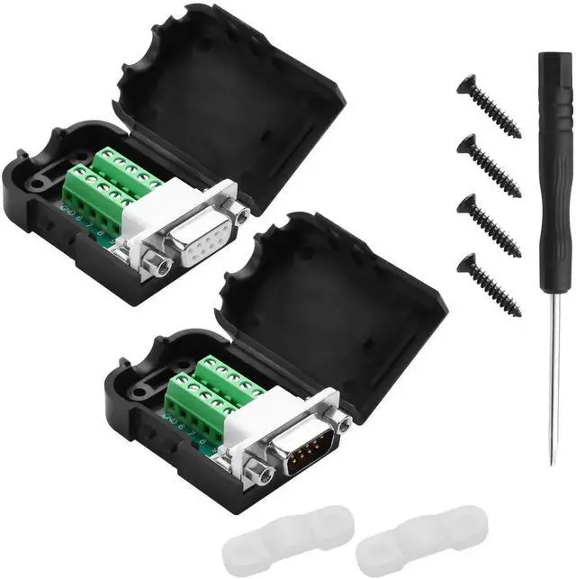 Main image of 1 Pair Type A DB9 Male & Female RS232 Breakout Module, 9Pin D-SUB Solderless Terminal Serial Signal Adapter with Protective Housing & Lock Nuts