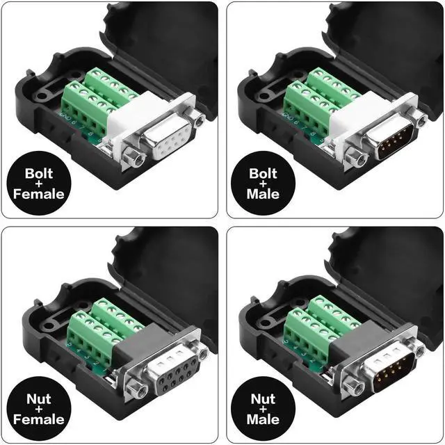Alt view image 4 of 7 - 1 Pair Type A DB9 Male & Female RS232 Breakout Module, 9Pin D-SUB Solderless Terminal Serial Signal Adapter with Protective Housing & Lock Nuts