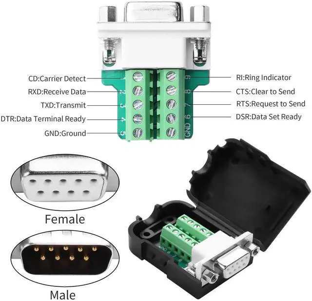 Alt view image 5 of 7 - 1 Pair Type A DB9 Male & Female RS232 Breakout Module, 9Pin D-SUB Solderless Terminal Serial Signal Adapter with Protective Housing & Lock Nuts