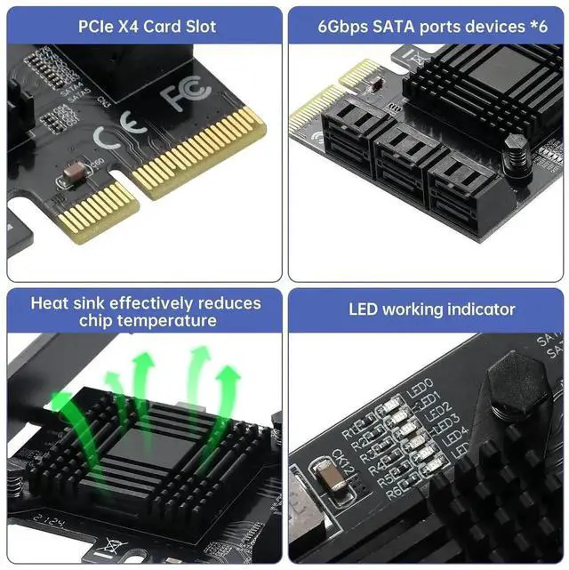 Alt view image 3 of 7 - 6 Ports PCIe SATA 3.0 Expansion Card with ASM1166 Chip, PCI Express to SATA III 6Gbps Storage Controller Adapter