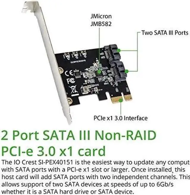Alt view image 4 of 5 - 2 Port PCIe 3.0 X1 SATA 3.0 Non-RAID Controller Card, Jmicro Chipset Model SI-PEX40148 Storage Expansion Adapter