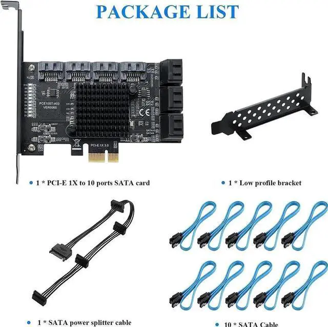 Alt view image 6 of 7 - 10 Port PCIe X1 SATA 3.0 Expansion Card with ASM1166 Chip, 6Gbps Non-RAID SATA Controller Adapter, Low Profile Bracket & 10 SATA Cables Included
