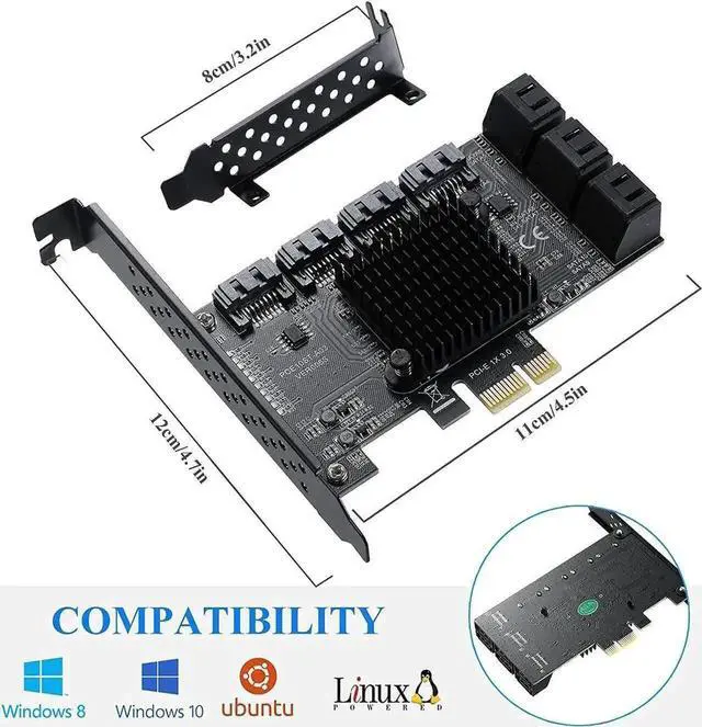 Alt view image 4 of 7 - 10 Port PCIe X1 SATA 3.0 Expansion Card with ASM1166 Chip, 6Gbps Non-RAID SATA Controller Adapter, Low Profile Bracket & 10 SATA Cables Included