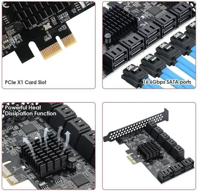 Alt view image 2 of 7 - 16 Ports PCIe SATA 3.0 Expansion Controller Card, 6Gbps Storage Adapter with JMB575 & ASM1064 Chipset, Supports System Boot, Fits All PCIe Slots