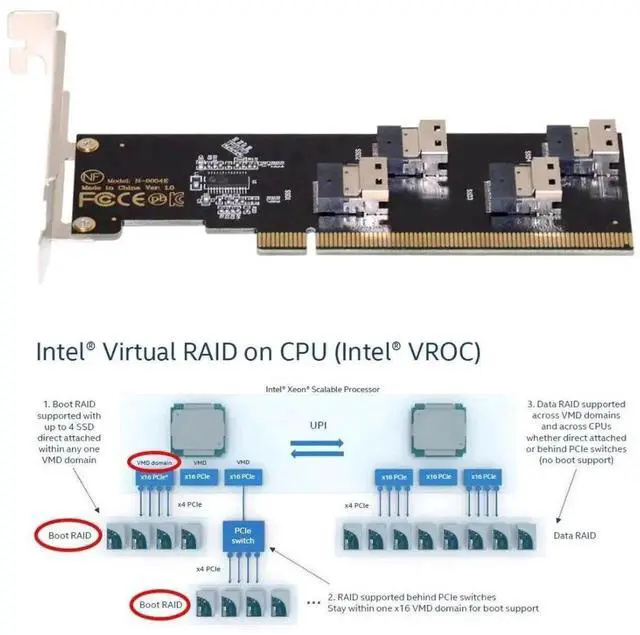 Alt view image 6 of 7 - 4-Port SFF-8654 X4 NVMe to PCIe X16 3.0/4.0 VROC RAID0 Hyper Storage Adapter Card