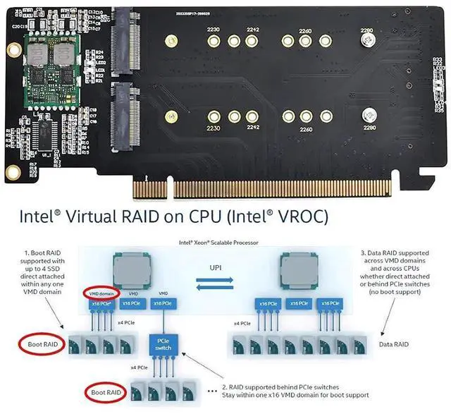 Alt view image 6 of 7 - M.2 NVMe PCIe 3.0 x4 to PCIe 3.0 x16 VROC RAID0 Hyper Adapter Card, AHCI NVMe Storage Expansion Controller