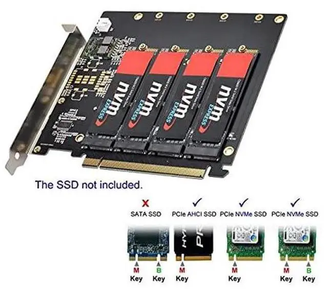 Alt view image 4 of 7 - 4 Bay M.2 NVMe AHCI to PCIe 3.0 X16 VROC RAID0 Hyper Adapter Card with Cooling Fan, Quad NVMe SSD PCIe Storage RAID Controller
