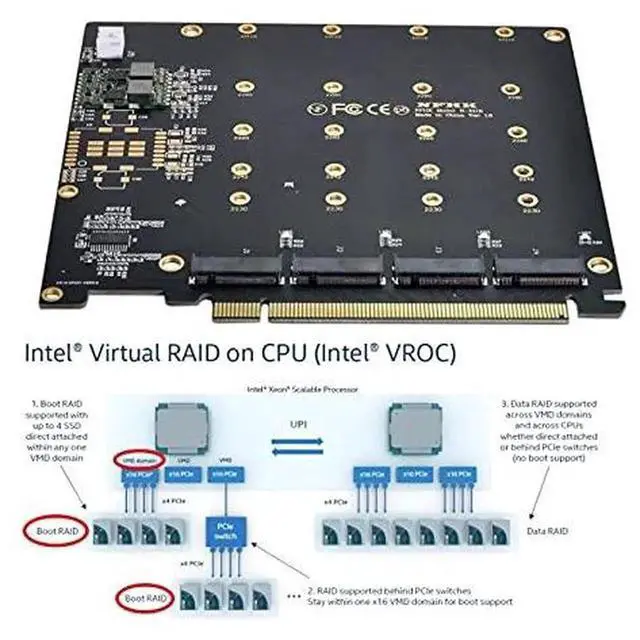 Alt view image 2 of 7 - 4 Bay M.2 NVMe AHCI to PCIe 3.0 X16 VROC RAID0 Hyper Adapter Card with Cooling Fan, Quad NVMe SSD PCIe Storage RAID Controller