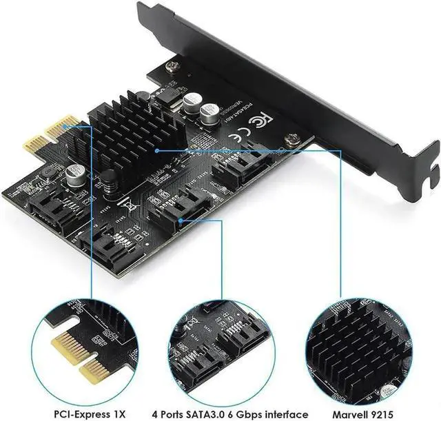 Alt view image 3 of 5 - 4 Port PCIe 3.0 X1 SATA 3.0 Expansion Card with Marvell 88SE9215 Chip, 6Gbps Non-RAID SATA Controller, Supports System Boot SSD & HDD, Black PCB