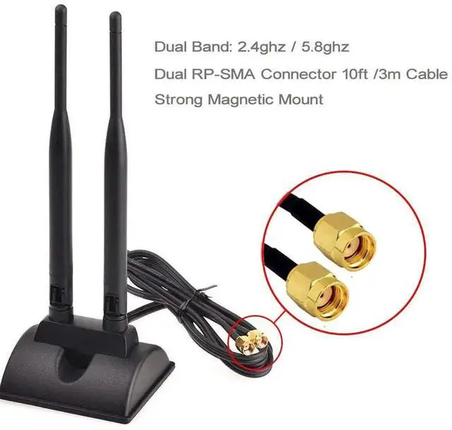 Alt view image 2 of 5 - Magnetic Base Dual Band WiFi Antenna RP-SMA Male with Extension Cable for PCIe WiFi Card, USB Adapter, Router & Mobile Hotspot