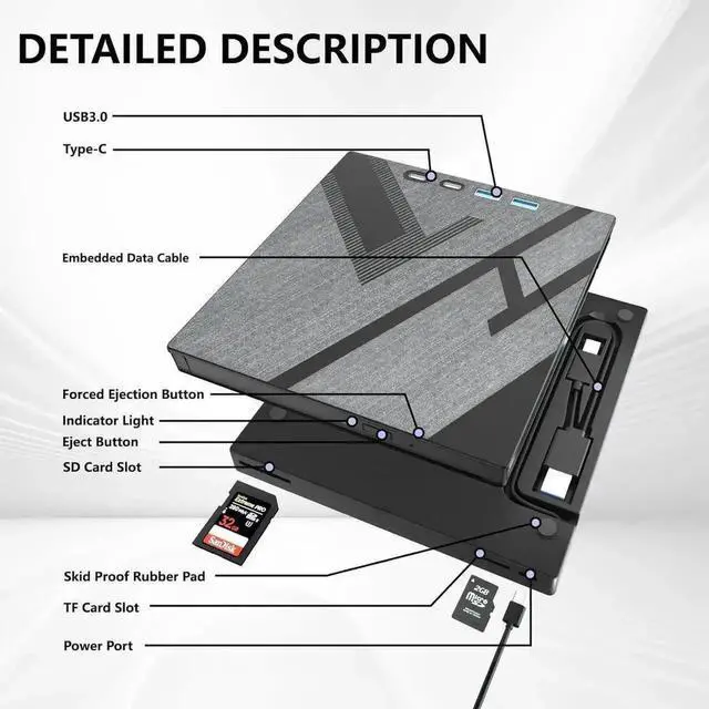 Alt view image 7 of 7 - 7 in 1 External USB 3.0 Type C CD DVD Burner Drive with USB A SD TF Card Reader Portable DVD ROM Player for Laptop Desktop Windows Linux