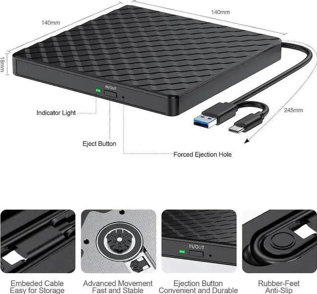 Alt view image 7 of 7 - Portable USB 3.0 Type-C External CD DVD +/-RW Burner Optical Drive Reader Writer Compatible with Laptop PC Mac Windows 11/10/8.1/7 Linux
