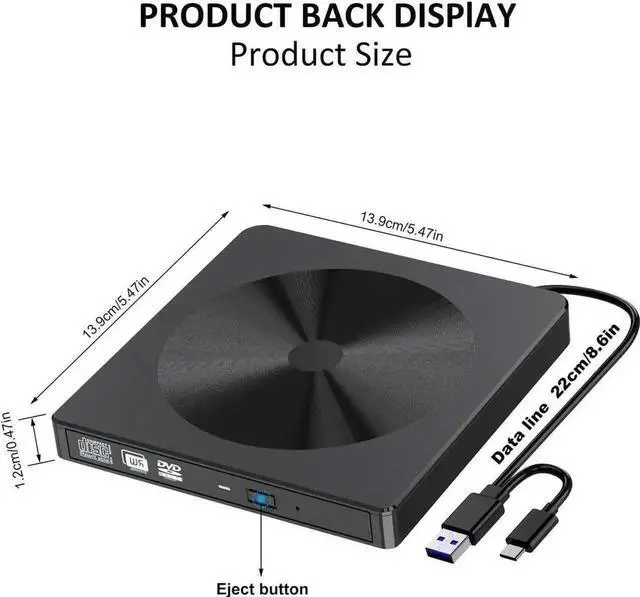Alt view image 5 of 7 - Black USB 3.0 Type-C Slim Portable External CD DVD +/-RW Burner Drive Optical Disc Player Compatible with Mac Laptop Desktop Windows XP Vista 7 8 10 Linux