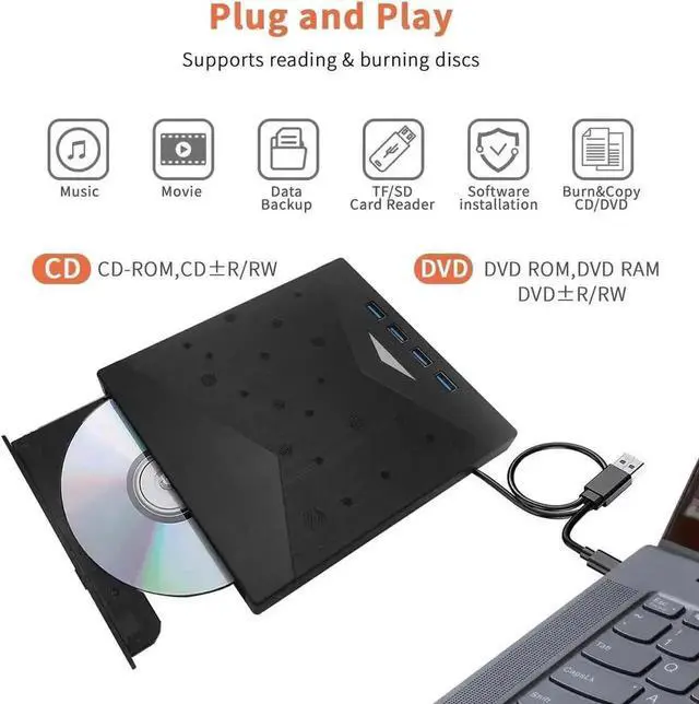 Alt view image 5 of 7 - 7 in 1 USB 3.0 Type-C External CD DVD RW Burner Optical Drive with SD TF Card Reader 4 USB Expansion Ports for Laptop Desktop Windows 11/10/8/7 Linux MacOS