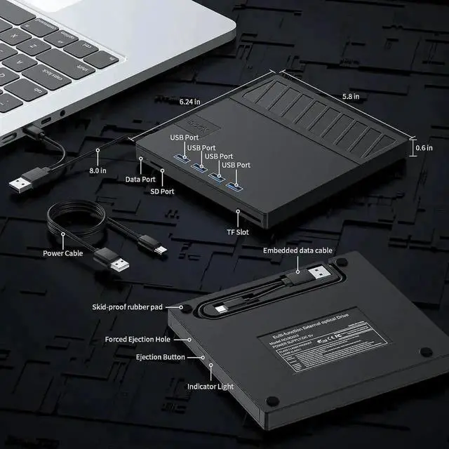 Alt view image 3 of 7 - 7 in 1 Ultra Slim USB External CD DVD RW Burner Portable Optical Drive with 4 USB Ports SD TF Card Reader Compatible with Laptop Desktop Windows 11/10/8/7 Linux MacOS