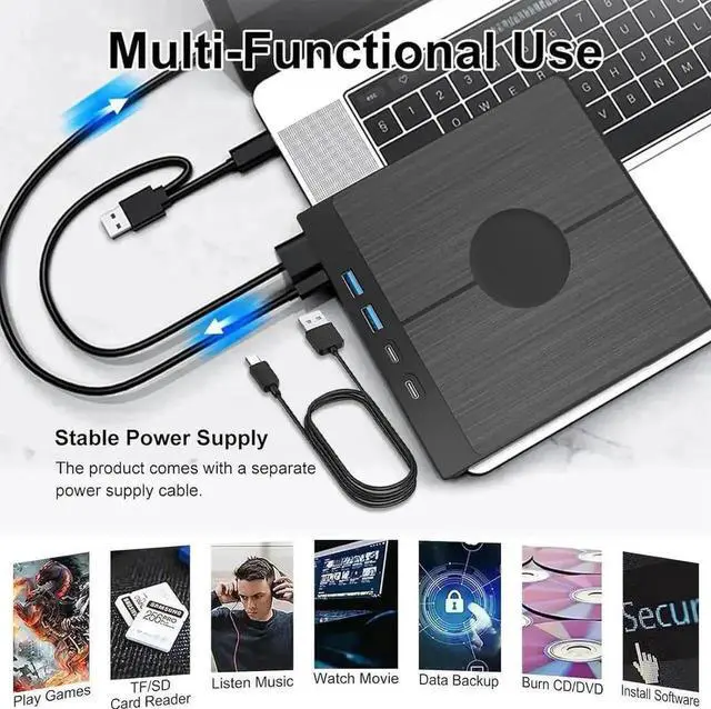 Alt view image 4 of 7 - 7-in-1 USB 3.0 Type-C External CD DVD RW Burner Optical Drive with 4 USB Expansion Ports SD TF Card Reader for Desktop Laptop Windows 11/10/8/7/XP Mac OS Linux