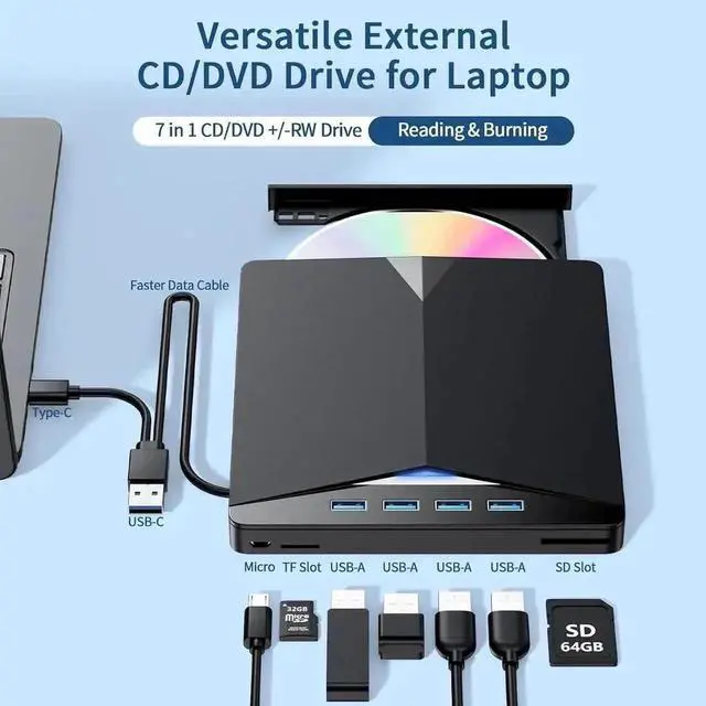 Alt view image 2 of 7 - 7-in-1 USB 3.0 Type-C Portable External CD DVD RW Burner Optical Drive with SD TF Card Reader & 4-Port USB Hub Compatible with Laptop Desktop Windows Mac OS Linux