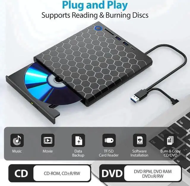 Alt view image 3 of 7 - 6-in-1 USB 3.0 USB-C Portable External CD DVD RW Optical Drive Reader Player with 2 USB-A SD TF Card Reader Compatible with Laptop Desktop Windows 11/10/8/7 Linux MacOS