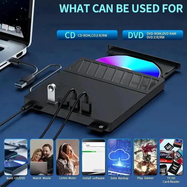 Alt view image 7 of 7 - 7-in-1 USB 3.0 Portable External CD DVD RW Burner Optical Drive with SD TF Card Reader 4 USB Expansion Ports Compatible with Laptop Desktop Windows 11/10 Linux MacOS